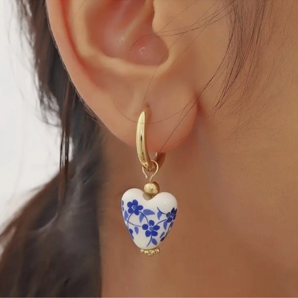 Porcelain Blue and White Huggie Hoop Earrings - Picture 3 of 3